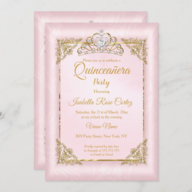 Quinceanera Blush Pink Damask Foto Gold Tiara Einladung (Vorne/Hinten)
