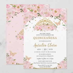 Quinceañera Blush Pink Floral Butterfliegen Tiara Einladung