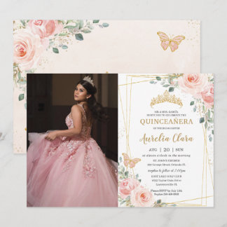 Quinceañera Blush Pink Floral Butterfly Foto Einladung