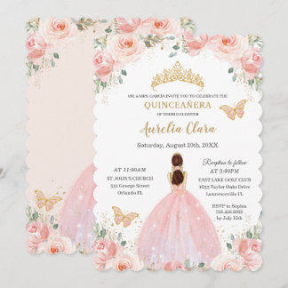 Quinceañera Blush Pink Floral Gold Kronenschmetter Einladung