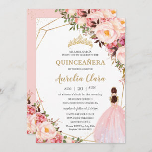 Quinceañera Blush Pink Floral Gold Prinzessin Einladung