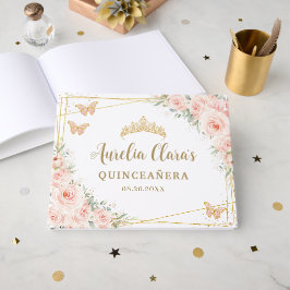 Quinceanera Blush Pink Floral Gold Schmetterlinge  Gästebuch