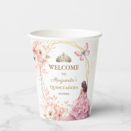 Quinceañera Blush Pink Floral Gold Tiara Butterfly Pappbecher