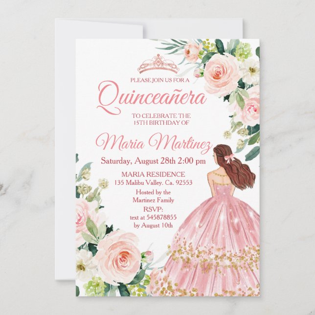 Quinceanera Blush Pink Floral Mexikanischer Geburt Einladung (Vorderseite)