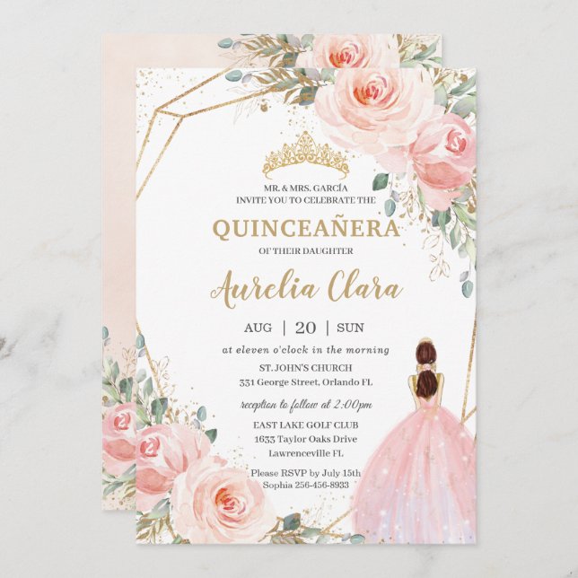 Quinceañera Blush Pink Floral Mis Quince Anos Inv Einladung (Vorne/Hinten)
