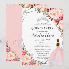 Quinceañera Blush Pink Floral Prinzessin Silver Einladung
