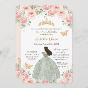 Quinceañera Blush Pink Floral Sage Green Dress Einladung