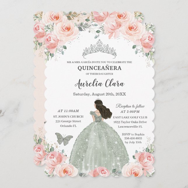 Quinceañera Blush Pink Floral Sage Green Dress Einladung (Vorne/Hinten)