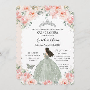 Quinceañera Blush Pink Floral Sage Green Dress Einladung