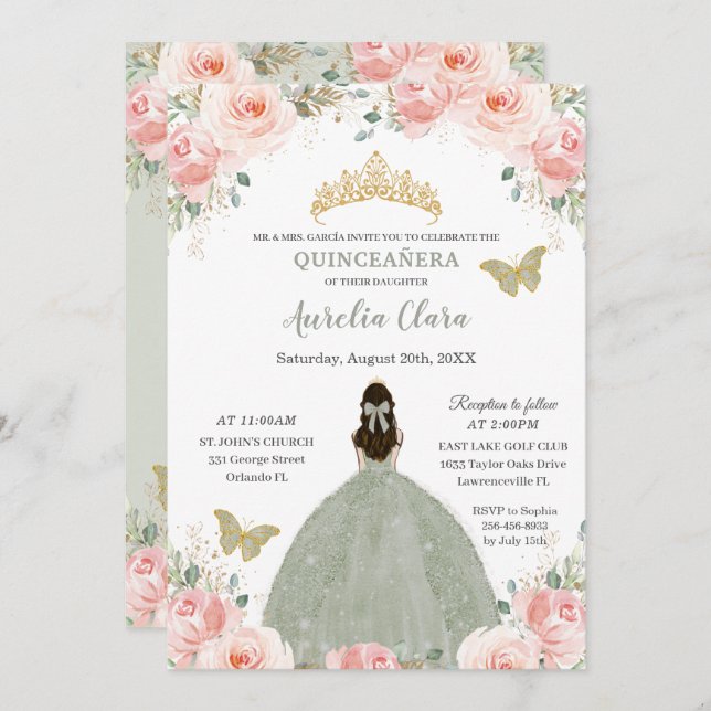 Quinceañera Blush Pink Floral Sage Green Princess Einladung (Vorne/Hinten)