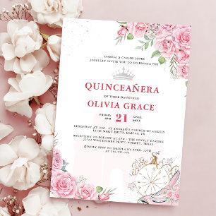 Quinceanera Blush Pink Floral Silver Crown Einladung