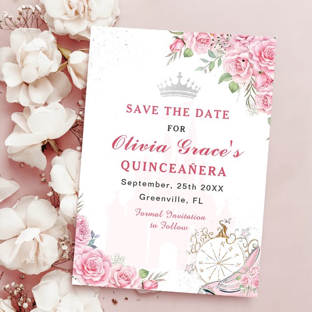 Quinceanera Blush Pink Floral Silver Crown Save The Date (Von Creator hochgeladen)
