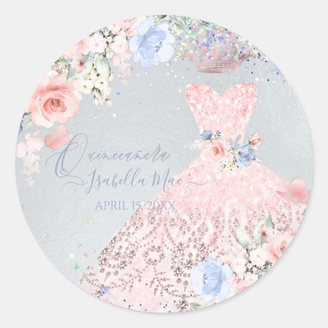 Quinceanera Blush Pink Glitter Gown Blush Roses Runder Aufkleber (Vorderseite)