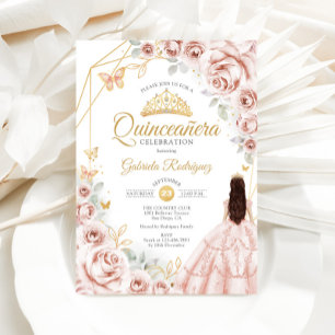 Quinceanera Blush Pink Gold Blumenkleid Einladung