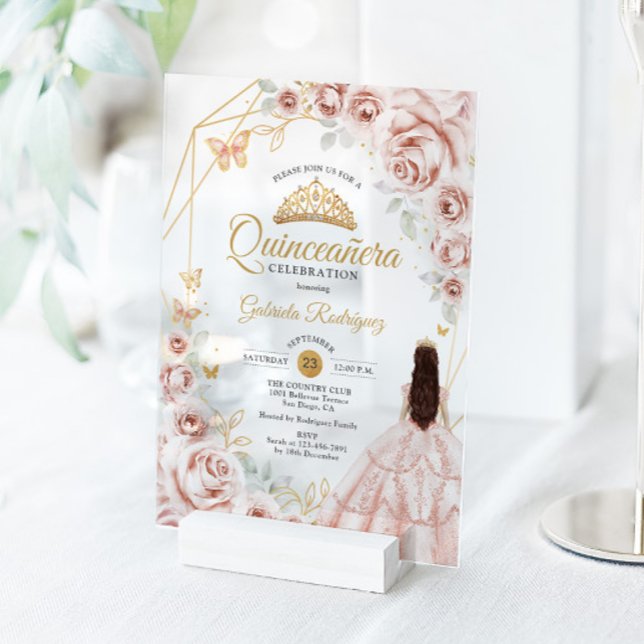 Quinceanera Blush Pink Gold Floral Dress Acryleinladungen (Von Creator hochgeladen)
