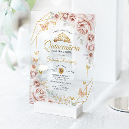 Quinceanera Blush Pink Gold Floral Invitation Acryleinladungen
