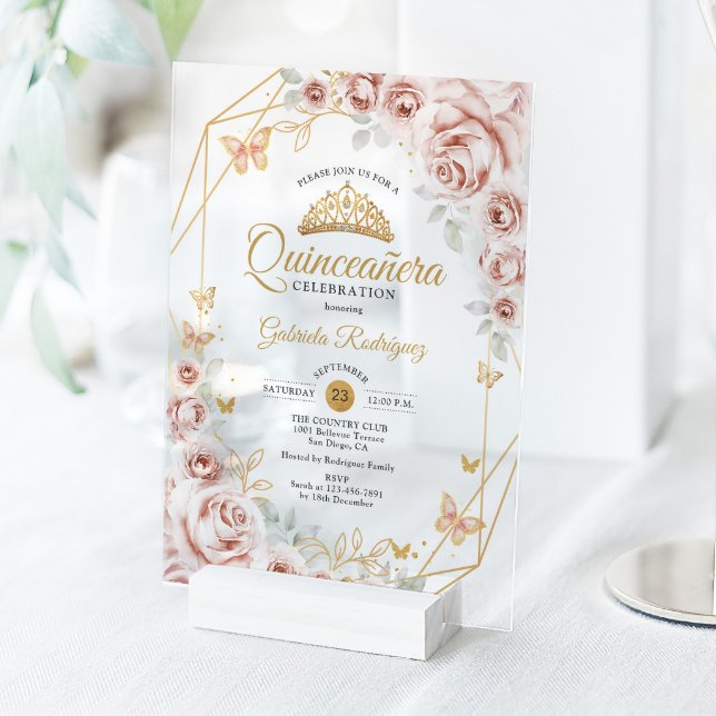 Quinceanera Blush Pink Gold Floral Invitation Acryleinladungen (Von Creator hochgeladen)
