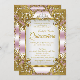 Quinceanera Blush Pink Golden Pearl Tiara Party Einladung