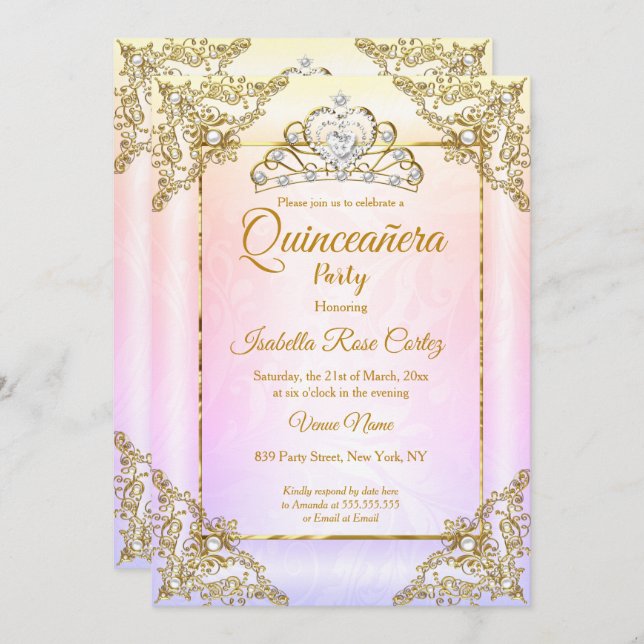 Quinceanera Blush Pink Lila Foto Gold Tiara Einladung