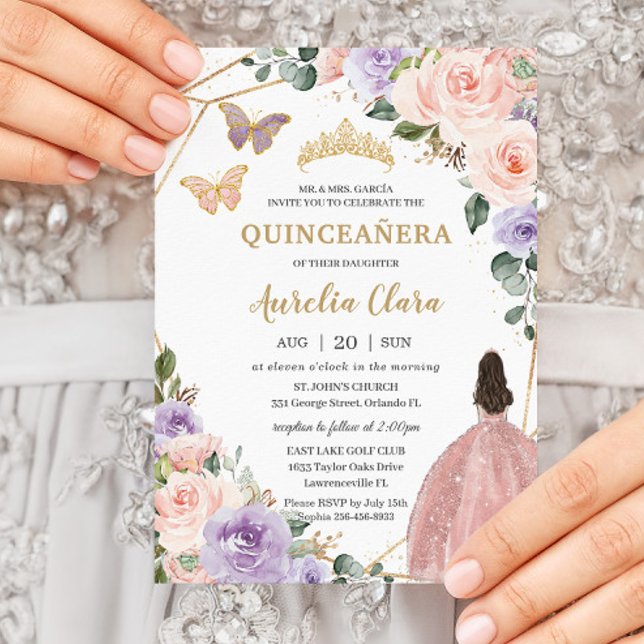 Quinceañera Blush Pink Lilac Lila Flora 16. Einladung (Von Creator hochgeladen)