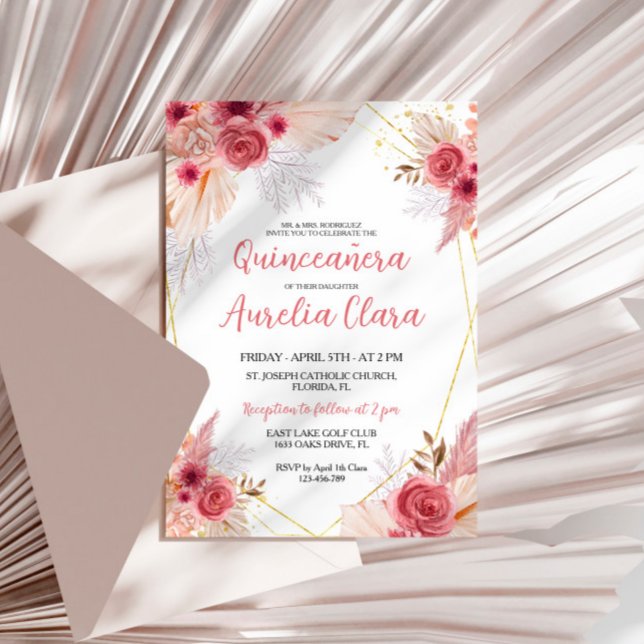 Quinceañera Blush Pink Pampas Gras Flora Einladung (Von Creator hochgeladen)
