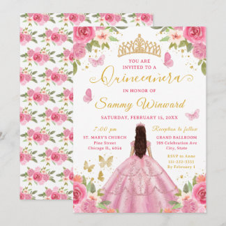 Quinceañera Blush Pink Princess Brunette Girl Einladung