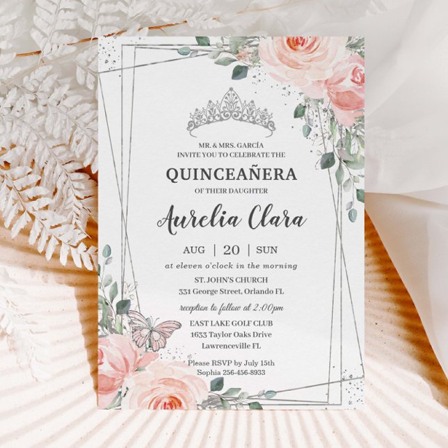Quinceañera Blush Pink Rose Butterfly Crown Einladung (Von Creator hochgeladen)
