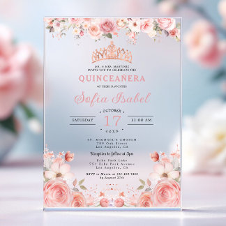 Quinceañera Blush Pink Rose Floral Acryleinladungen