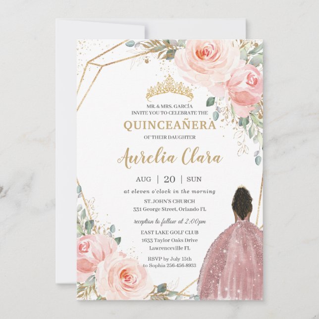 Quinceañera Blush Pink Rose Floral Brown Princess Einladung (Vorderseite)