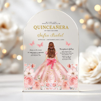 Quinceañera Blush Pink Rose Floral Butterfly Acryleinladungen