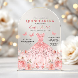Quinceañera Blush Pink Rose Floral Butterfly Acryleinladungen