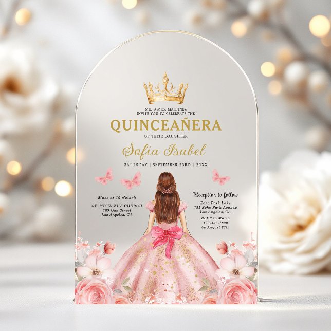 Quinceañera Blush Pink Rose Floral Butterfly Acryleinladungen (Von Creator hochgeladen)