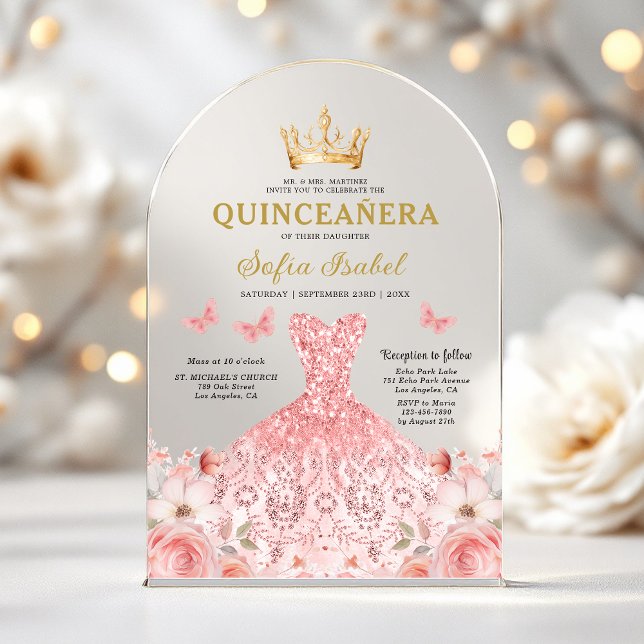 Quinceañera Blush Pink Rose Floral Butterfly Acryleinladungen (Von Creator hochgeladen)