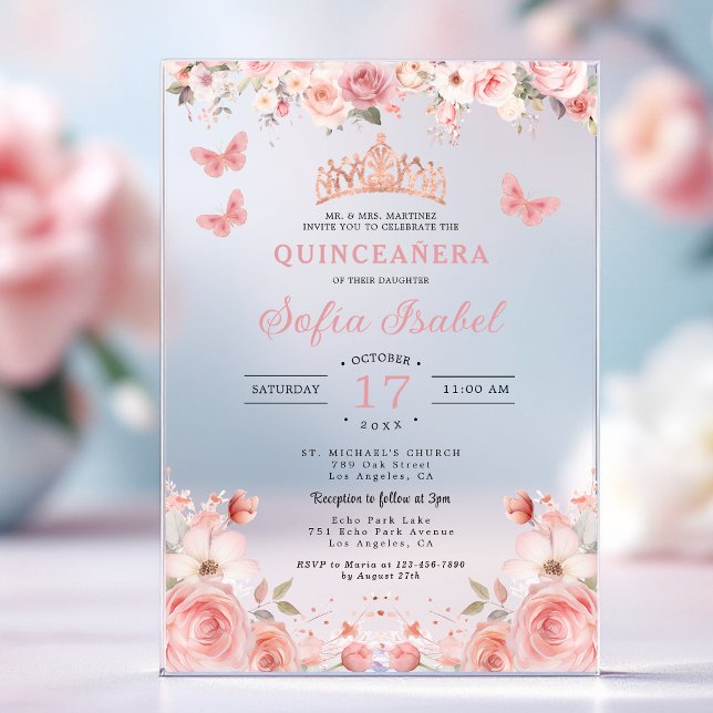Quinceañera Blush Pink Rose Floral Butterfly Acryleinladungen (Von Creator hochgeladen)