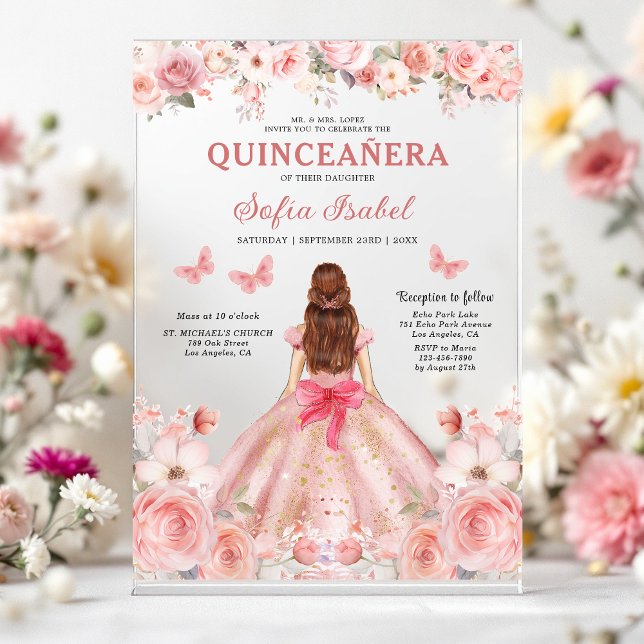 Quinceañera Blush Pink Rose Floral Butterfly Acryleinladungen (Von Creator hochgeladen)