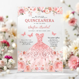 Quinceañera Blush Pink Rose Floral Butterfly Acryleinladungen