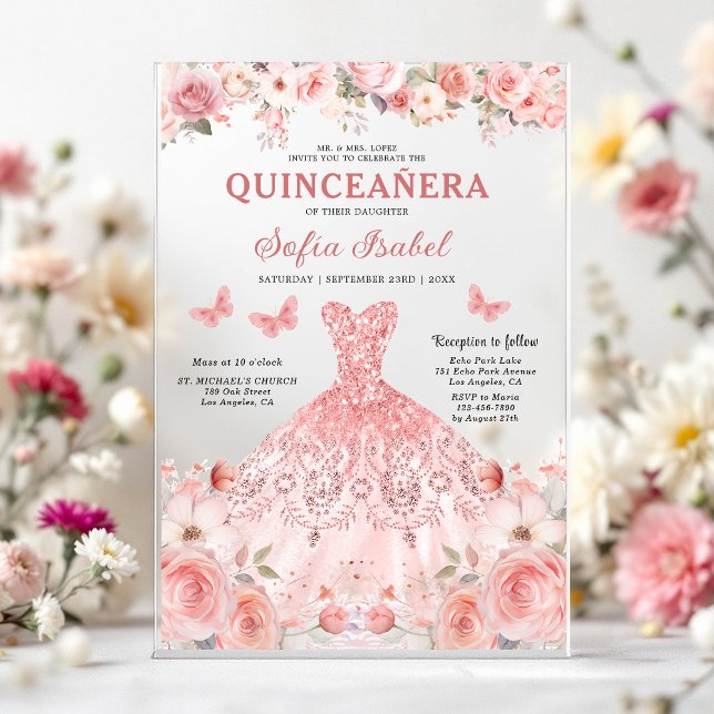Quinceañera Blush Pink Rose Floral Butterfly Acryleinladungen (Von Creator hochgeladen)