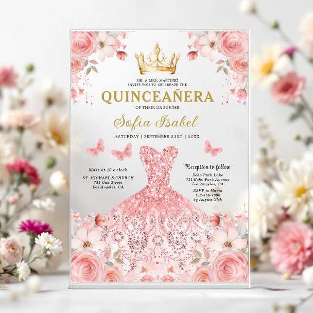 Quinceañera Blush Pink Rose Floral Butterfly Acryleinladungen (Von Creator hochgeladen)