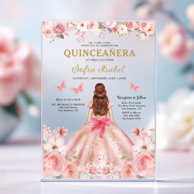 Quinceañera Blush Pink Rose Floral Butterfly Acryleinladungen (Von Creator hochgeladen)