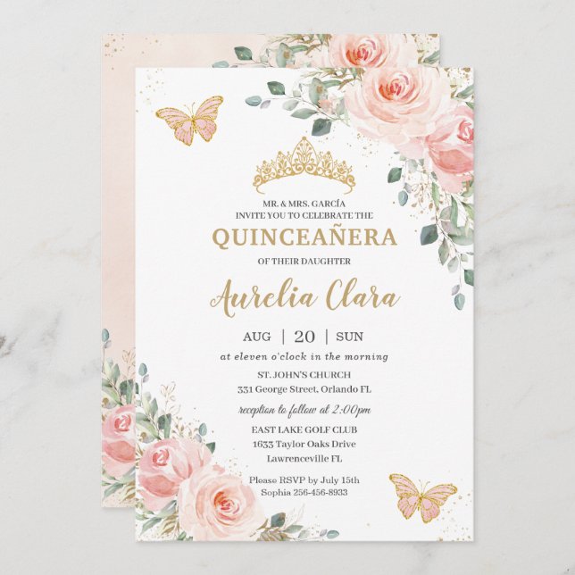 Quinceañera Blush Pink Rose Floral Butterfly Crown Einladung (Vorne/Hinten)