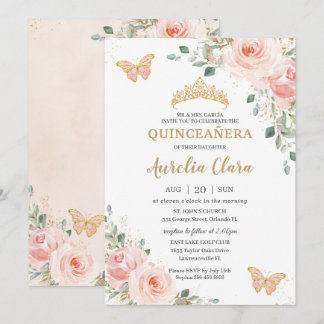 Quinceañera Blush Pink Rose Floral Butterfly Crown Einladung