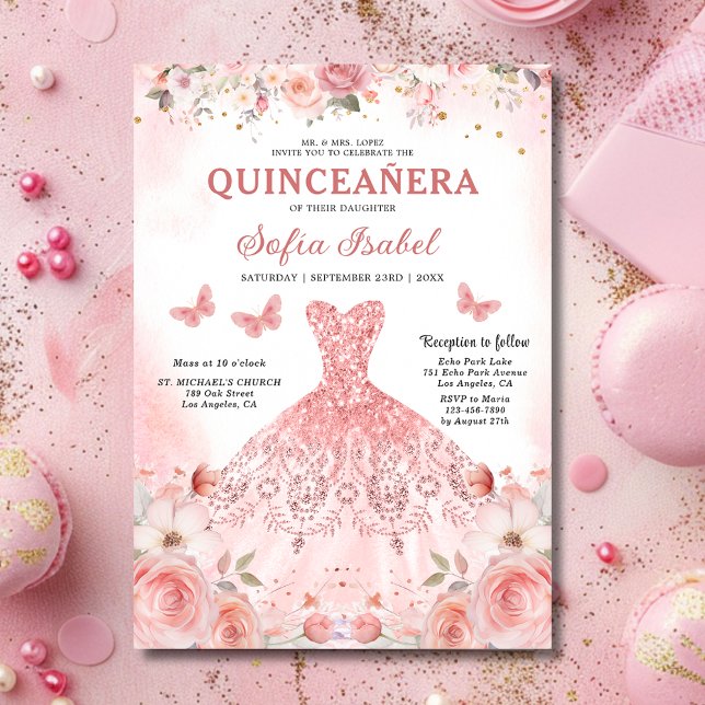 Quinceañera Blush Pink Rose Floral Butterfly Einladung (Von Creator hochgeladen)
