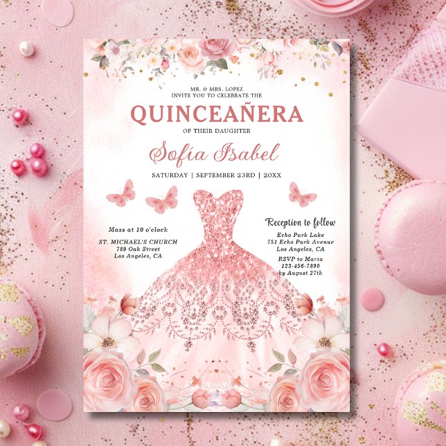 Quinceañera Blush Pink Rose Floral Butterfly Einladung (Von Creator hochgeladen)