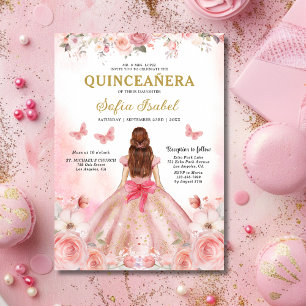 Quinceañera Blush Pink Rose Floral Butterfly Einladung