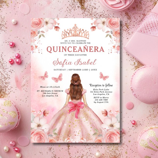 Quinceañera Blush Pink Rose Floral Butterfly Einladung (Von Creator hochgeladen)