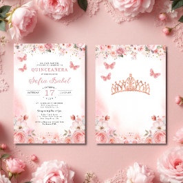 Quinceañera Blush Pink Rose Floral Butterfly Einladung
