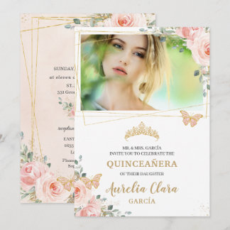 Quinceañera Blush Pink Rose Floral Butterfly Foto Einladung