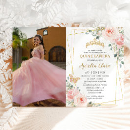 Quinceañera Blush Pink Rose Floral Butterfly Foto Einladung