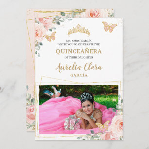 Quinceañera Blush Pink Rose Floral Butterfly Foto Einladung