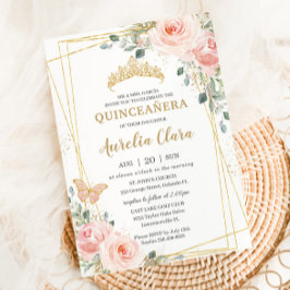 Quinceañera Blush Pink Rose Floral Butterfly Tiara Einladung